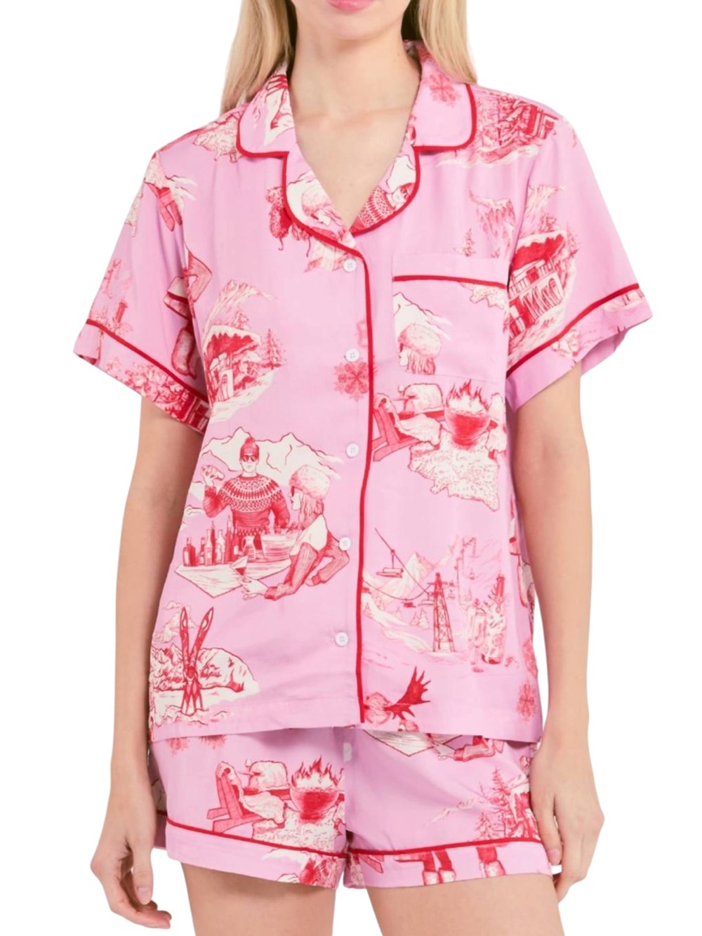 Katie Kime Apres Ski Toile Pajama Shorts Set Pink & Red Size XS